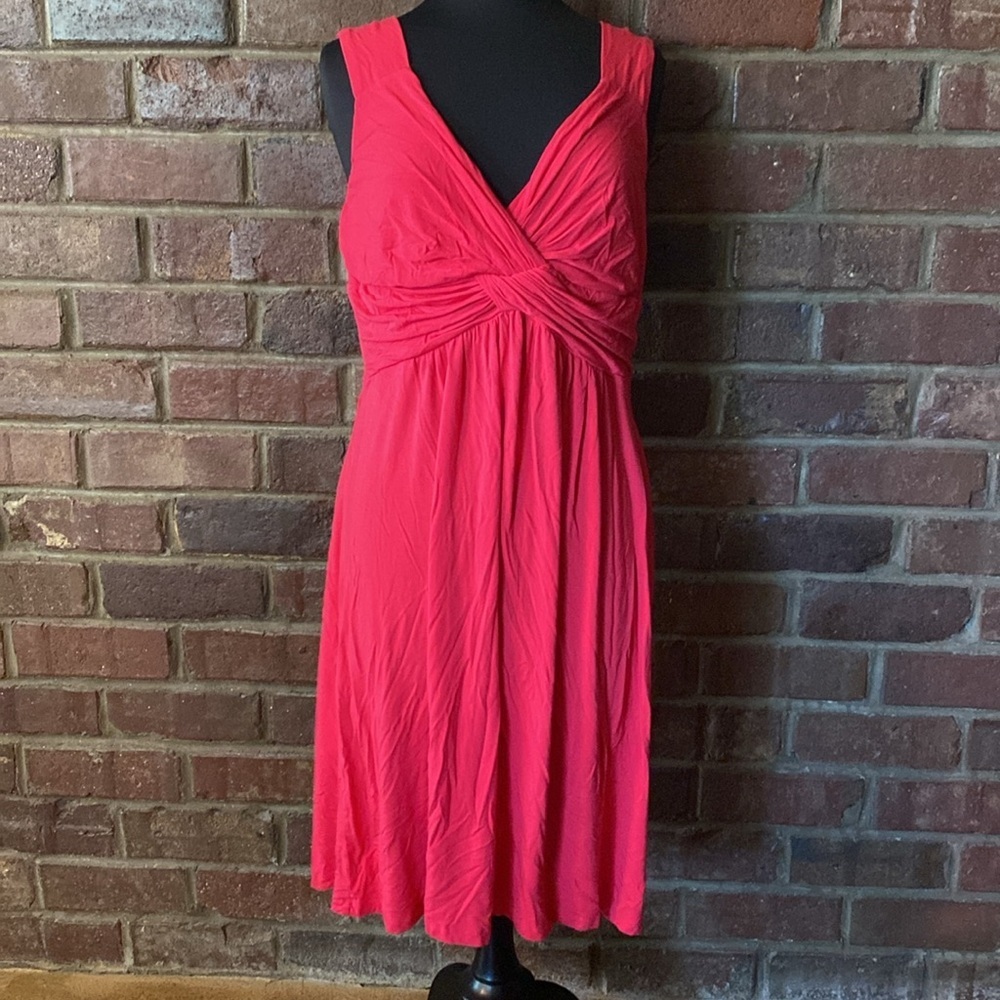 Boston Proper’s hot pink flowy knit twisted bodice, v neck, midi dress